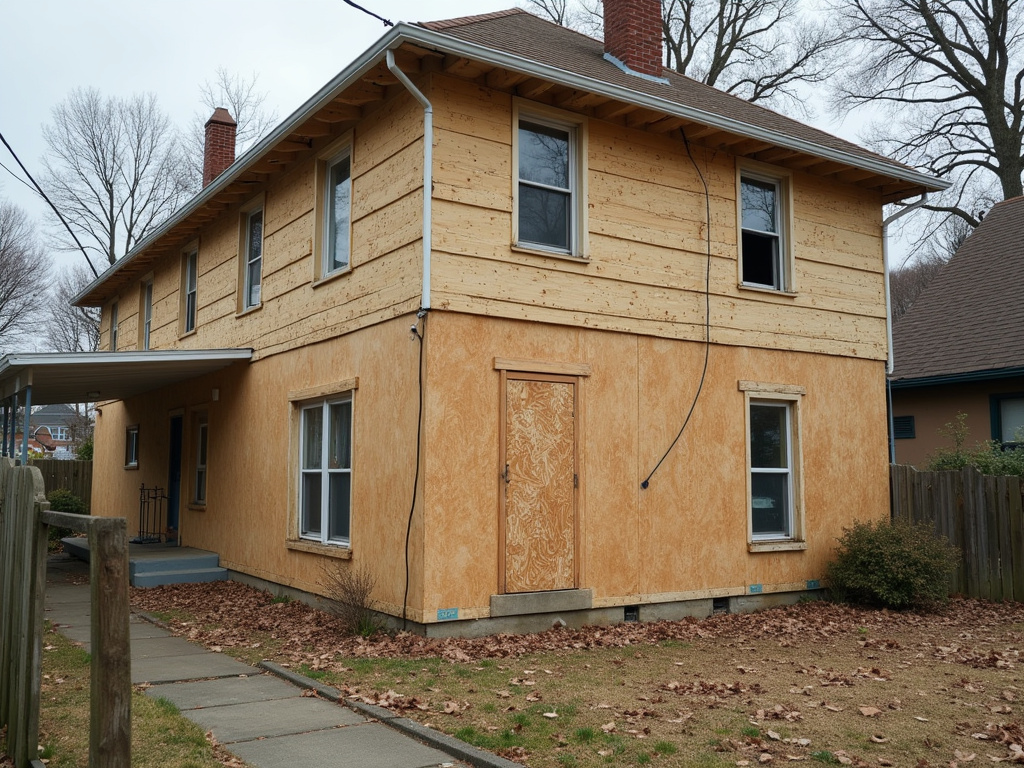 Boarded up house — impact windows installation