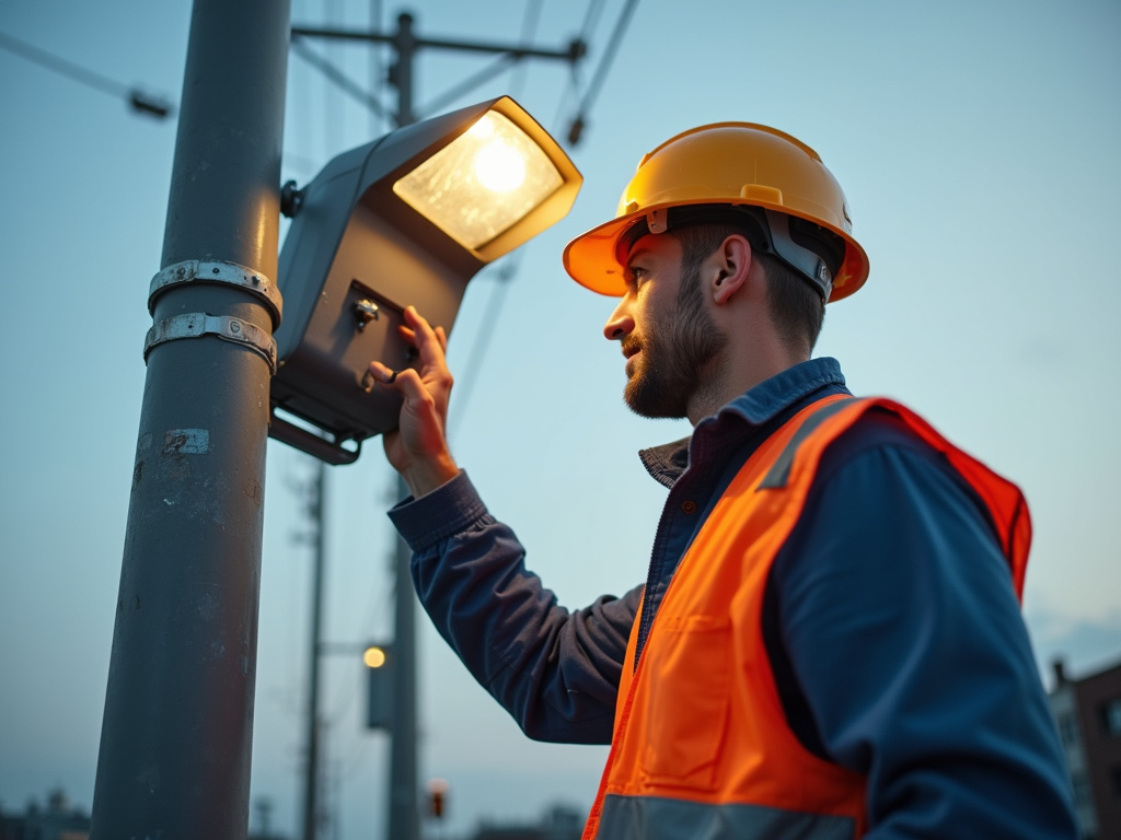 Engineer inspecting streetlight — municipal solar lighting