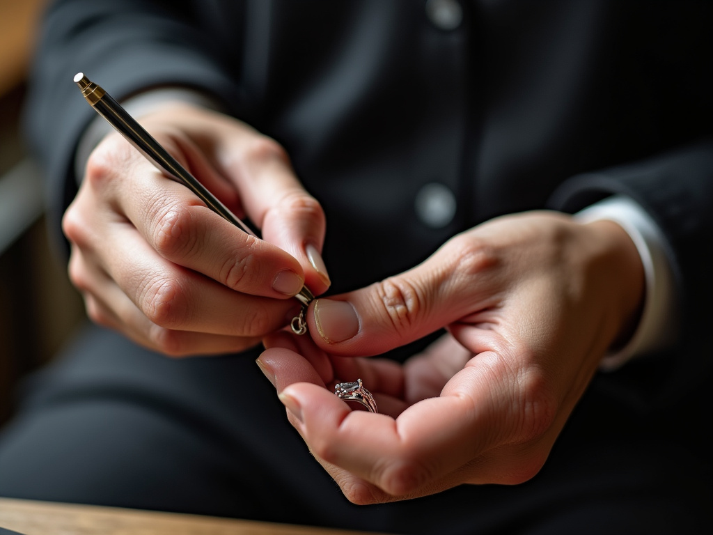 Jeweler's hands — women's wedding bands