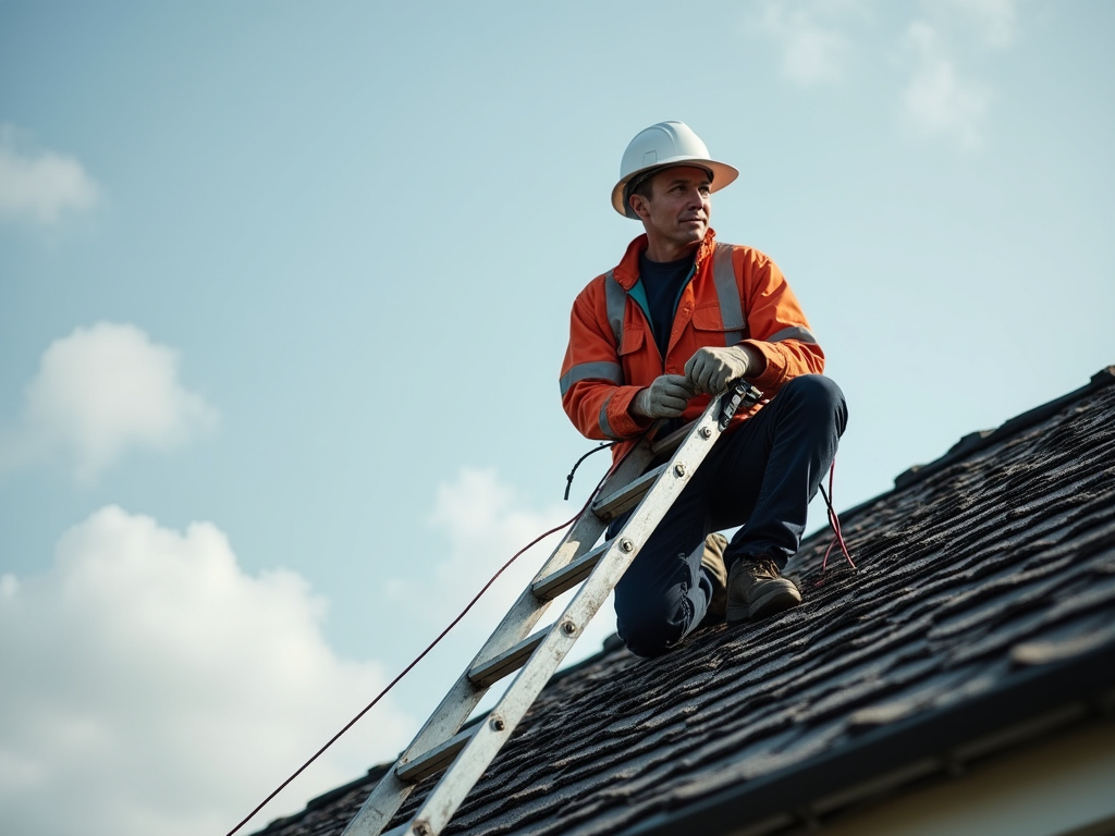 Roofer on ladder — impact windows installation