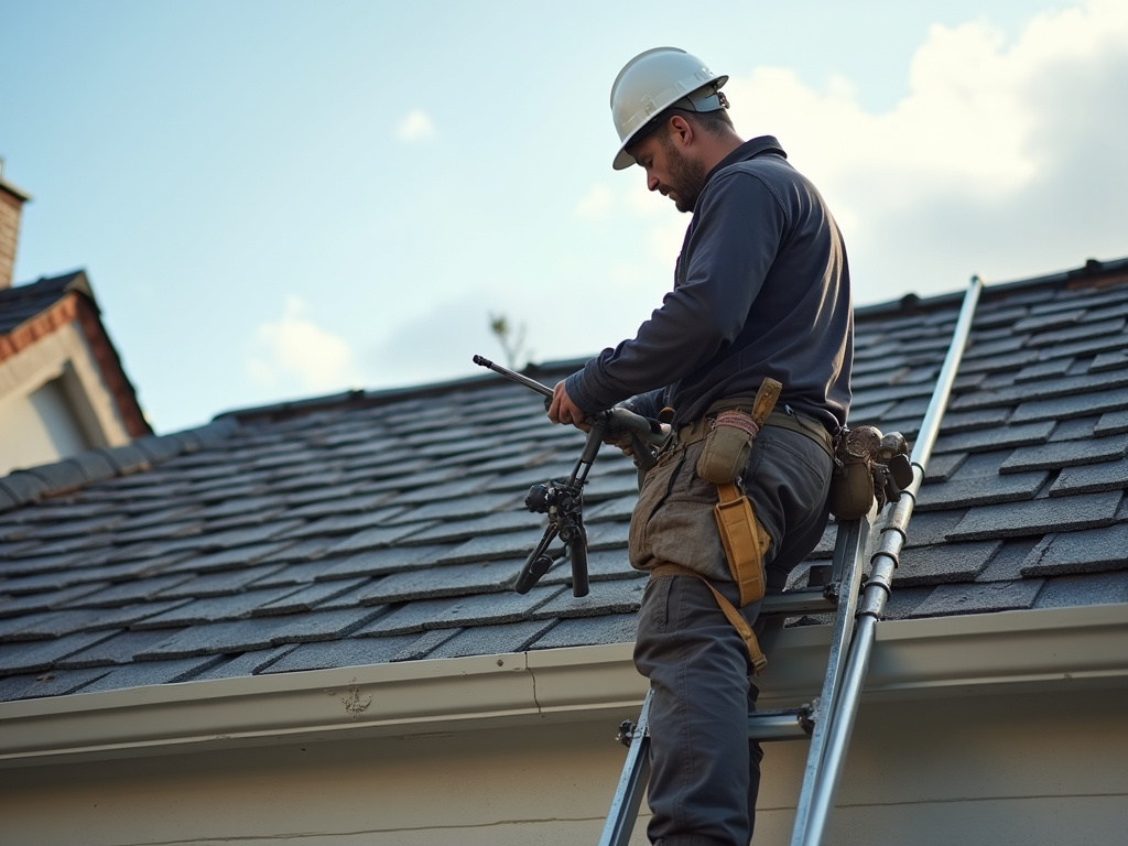 Roofer on ladder — roofing dacula ga