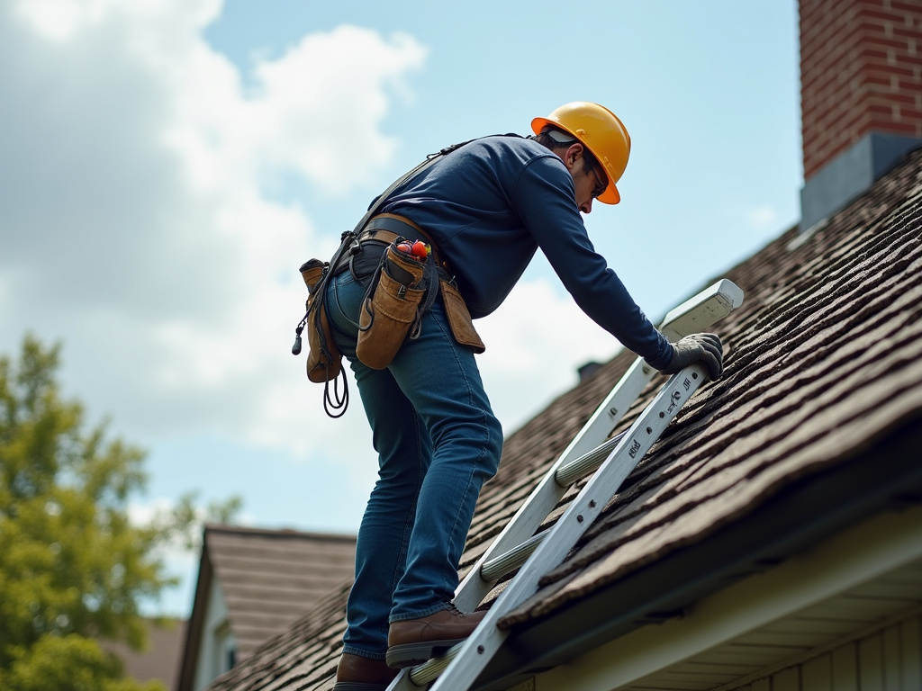 Roofer on ladder — roofing dacula ga