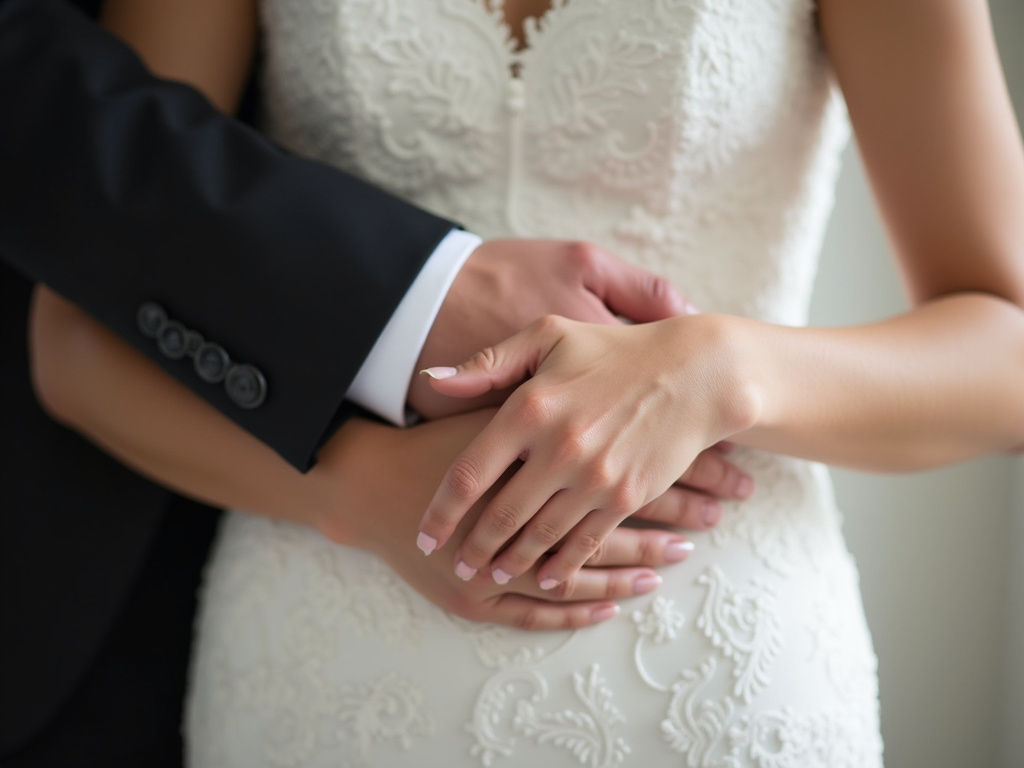 Bride's hands clasped — women's wedding bands