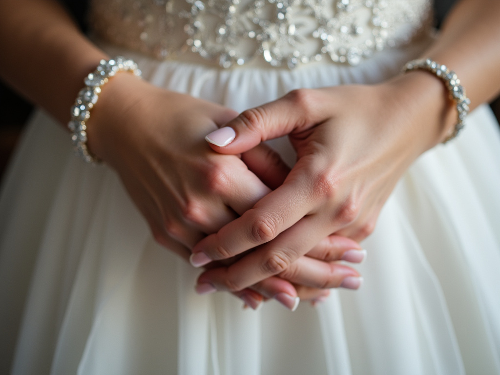 Bride's hands clasped — women's wedding bands