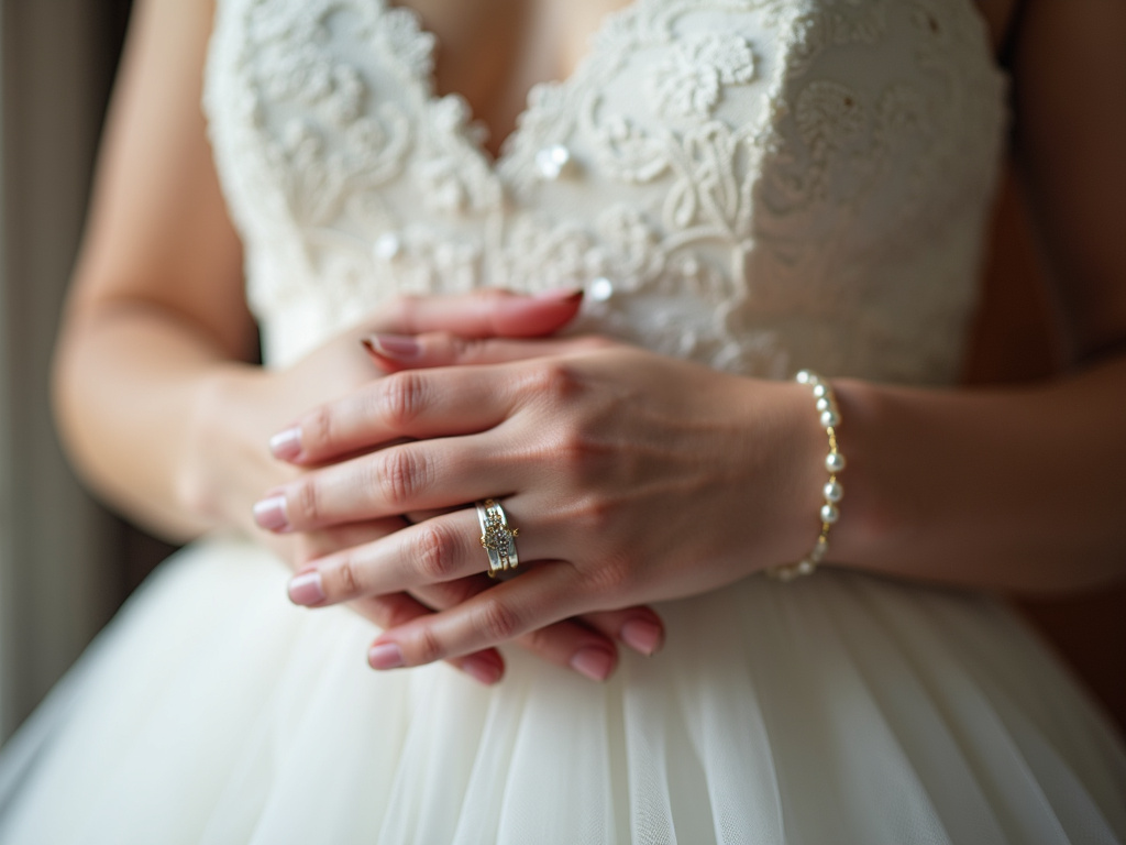 Bride's hands — women's wedding bands