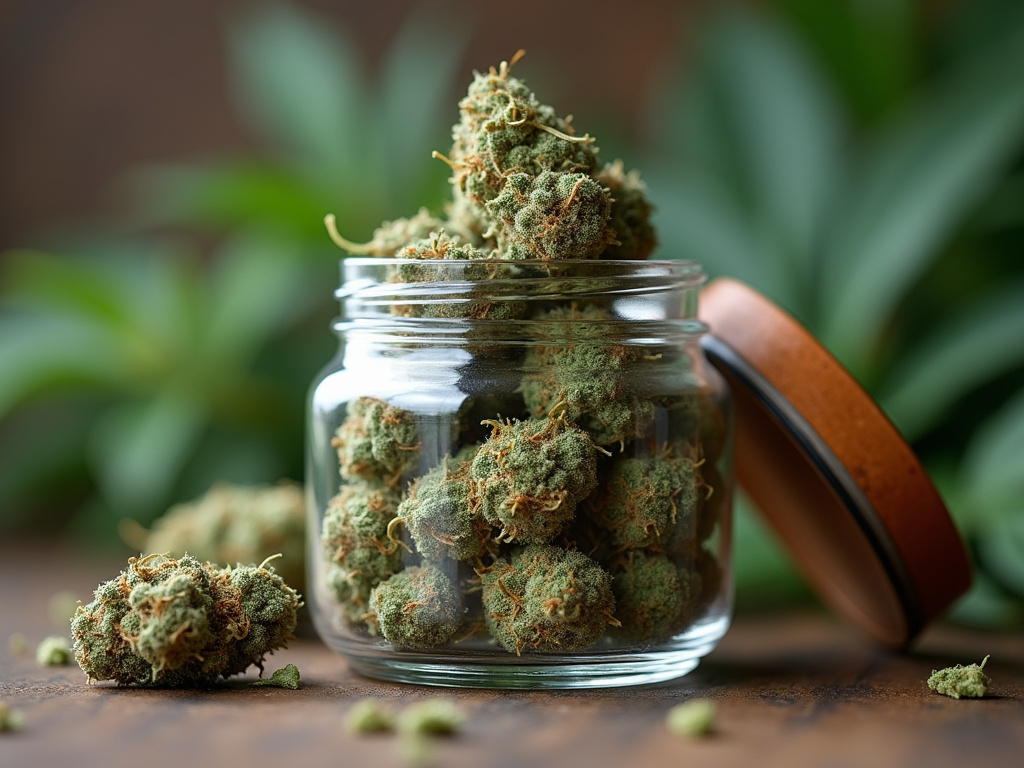 Cannabis buds jar — hybrid strains