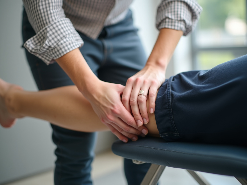 Chiropractor adjusting leg — knee chiropractor near me