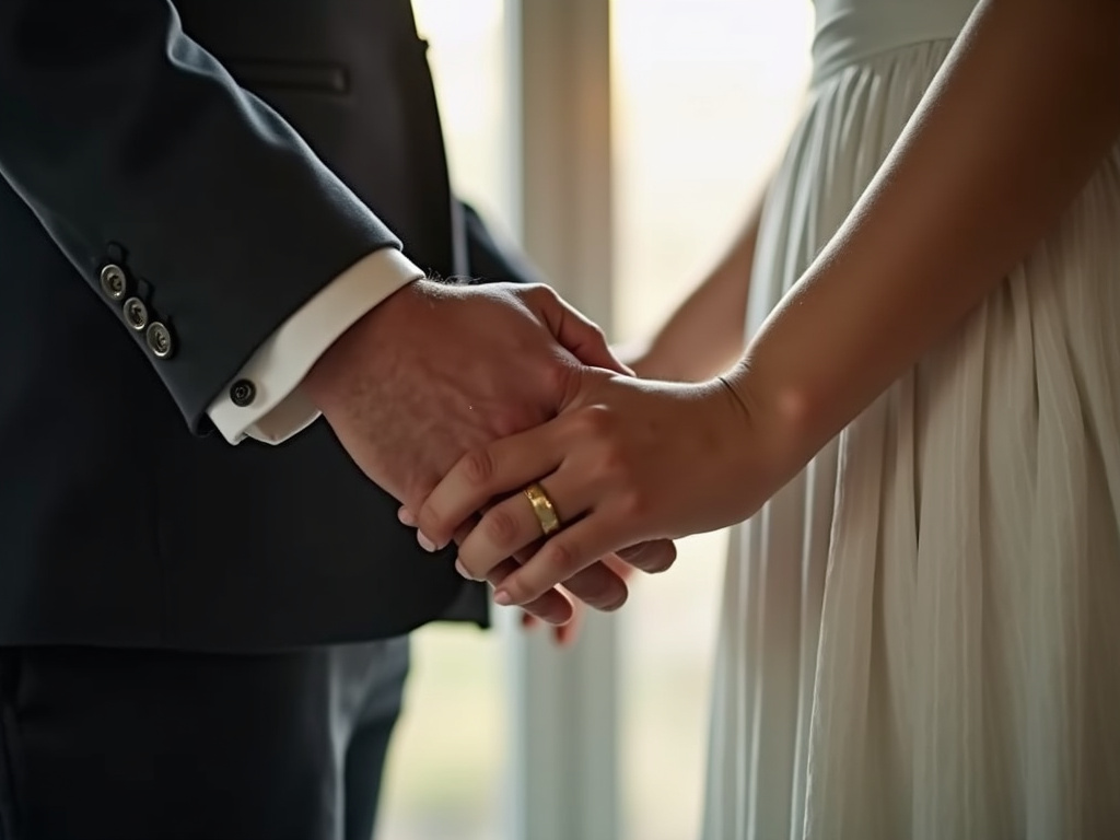 Couple holding hands — wedding bands