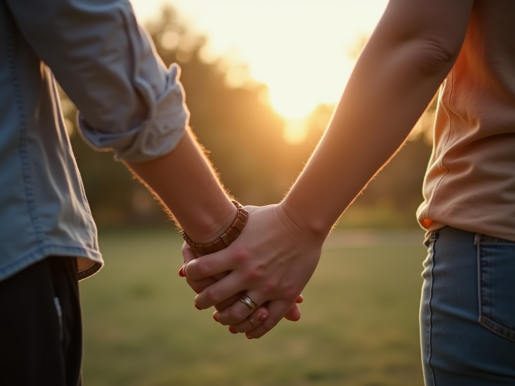 Couple holding hands — wedding bands