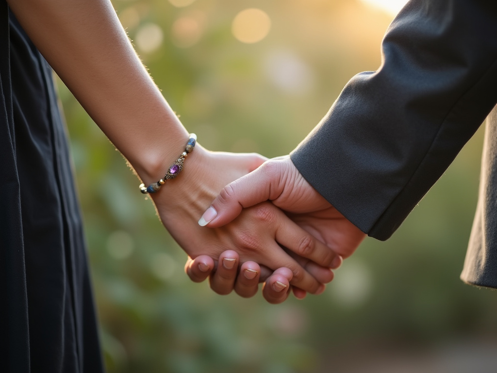 Couple holding hands — wedding bands