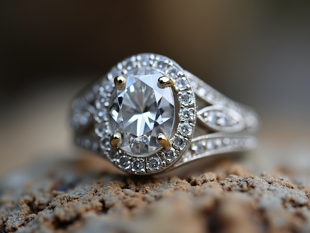 Diamond ring macro — women's wedding bands