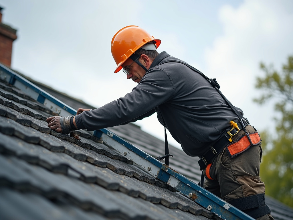 Roofer on ladder — impact windows installation