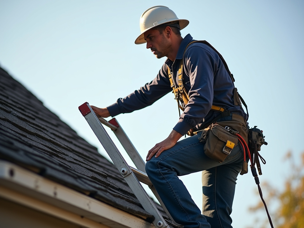 Roofer on ladder — roofing dacula ga