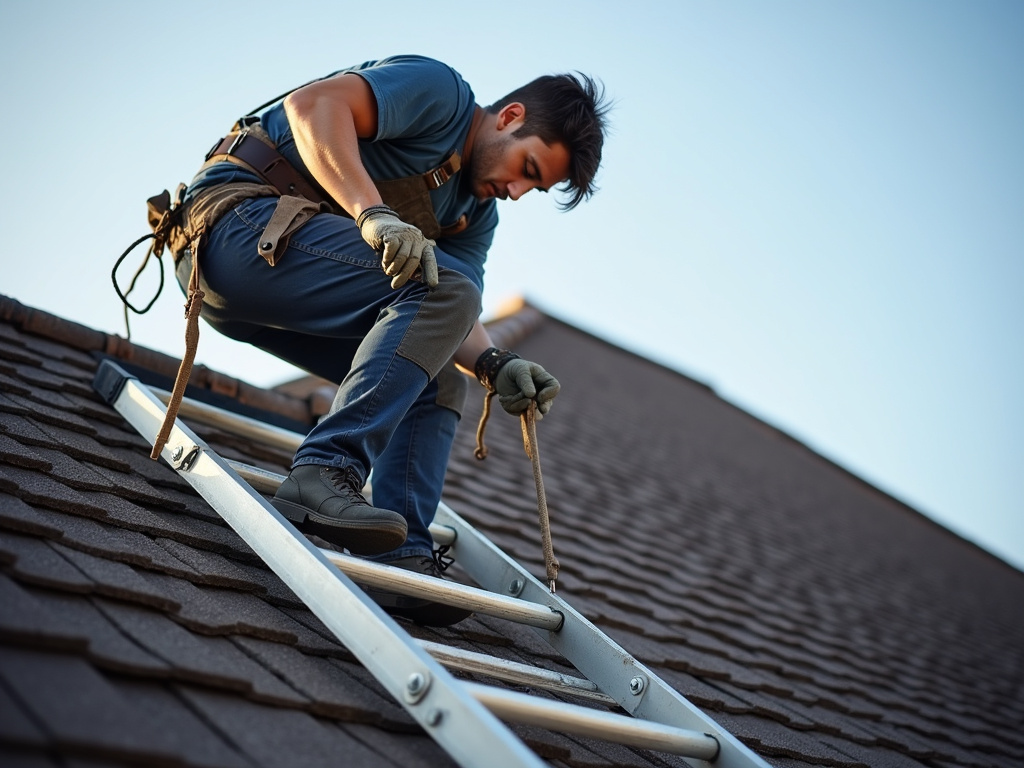 Roofer on ladder — roofing dacula ga