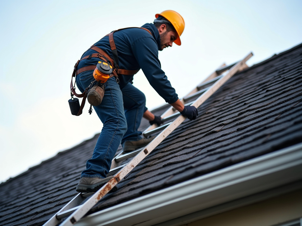 Roofer on ladder — roofing dacula ga