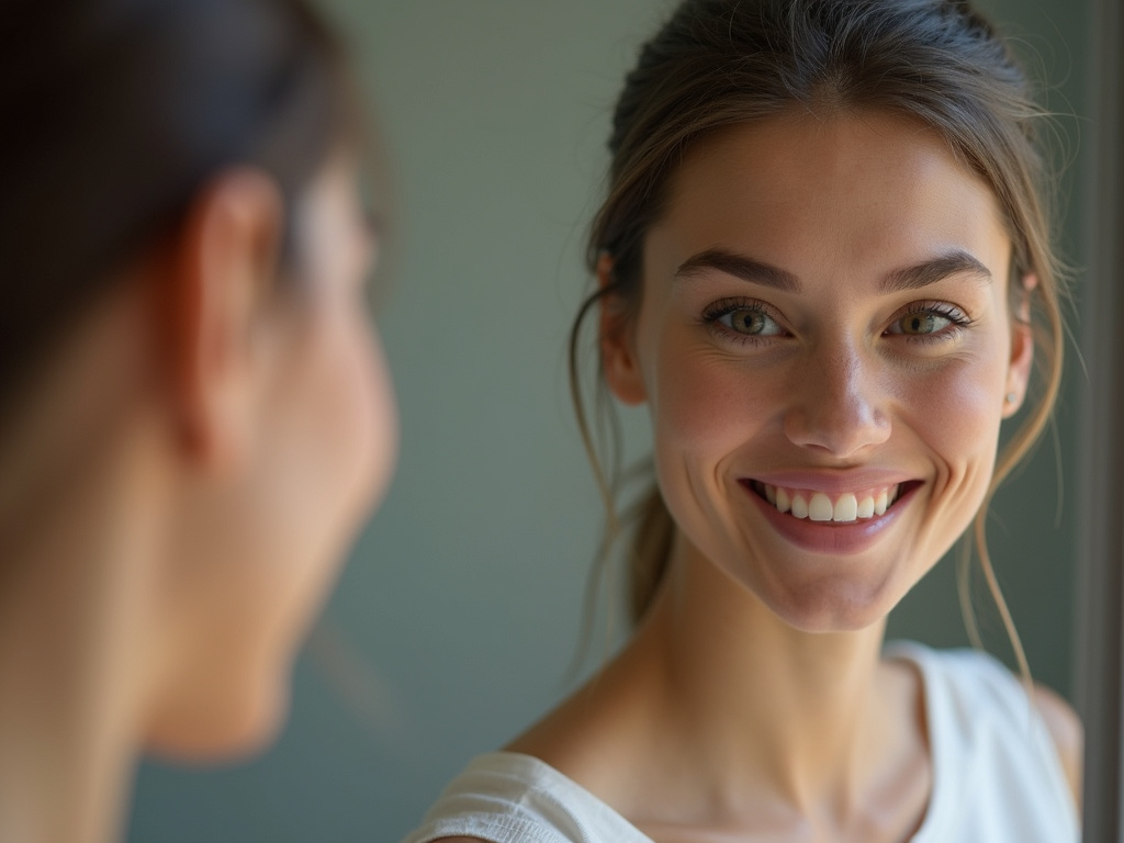 Woman smiling mirror — cosmetic dentist coral springs